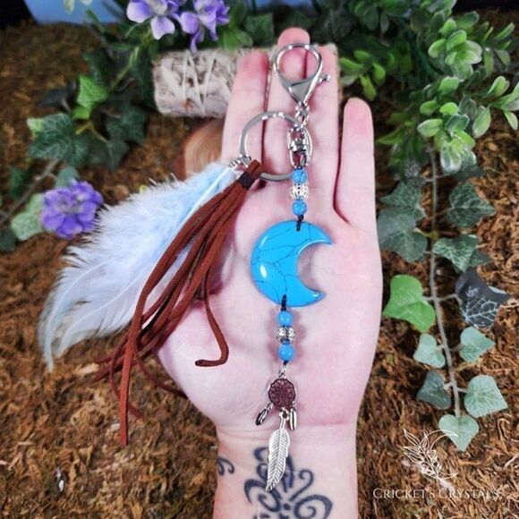 Handmade Turquoise Howlite Moon Keychain #6 - Picture 1 of 2